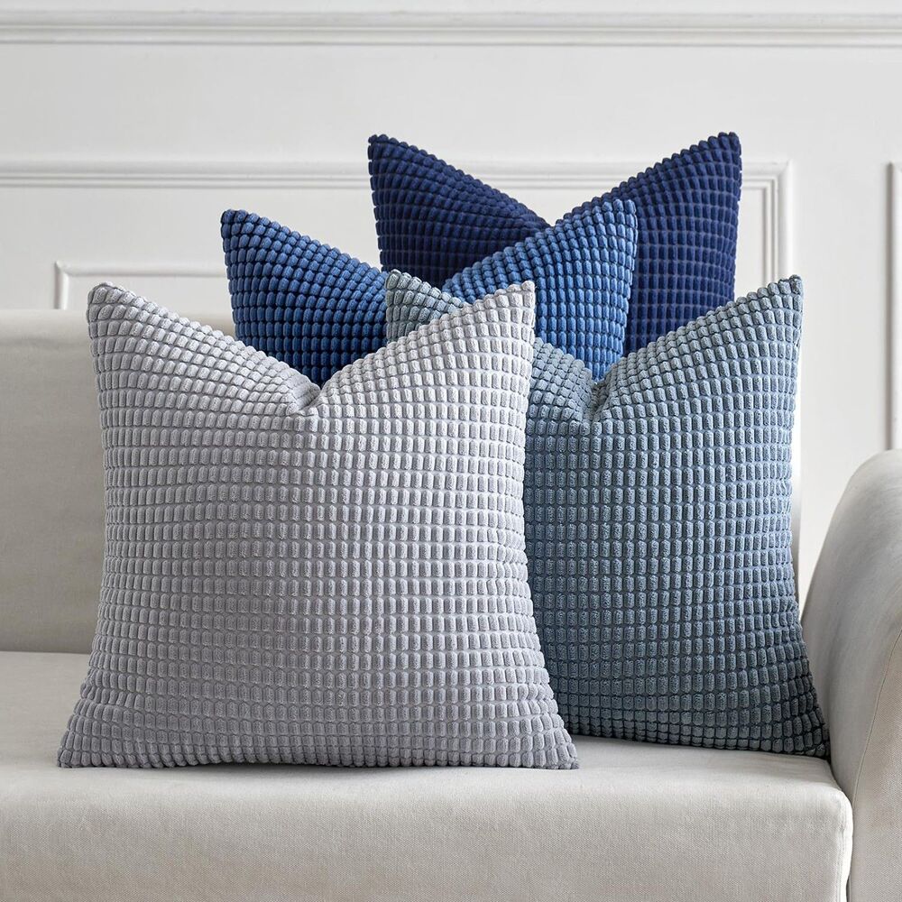 Set of 4, 18x18 inch, Decorative Throw Pillow Covers (Blue & Grey)